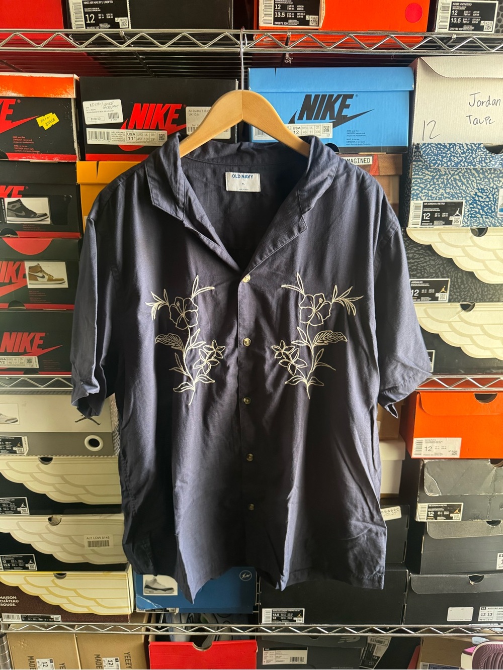Old Navy Navy Embroidered Floral Camp Shirt